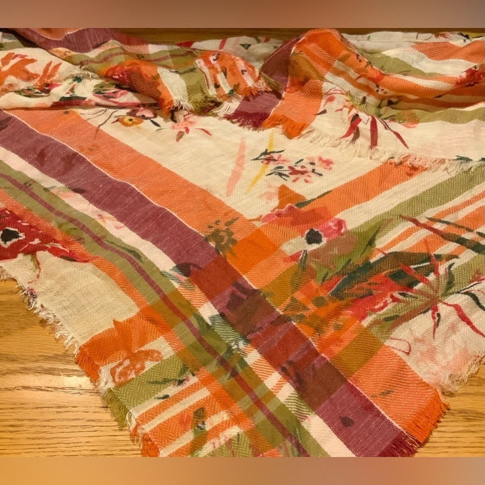 Triangular Shawl Wrap, Women’s Plaid Stripe w/Floral Design, Autumn Colors - Picture 1 of 6